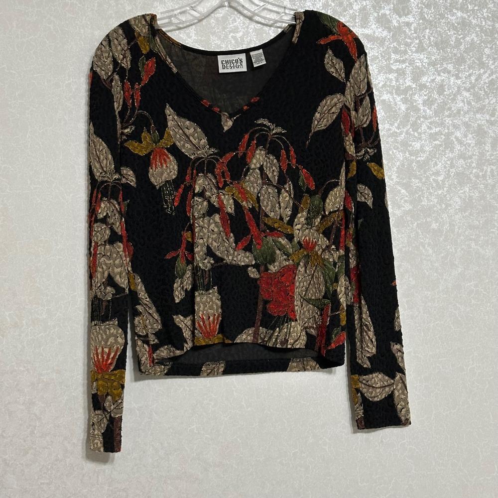 Chico's‎ Design Floral Long Sleeve Top V Neck Blouse Black Multicolor Sz 0 S